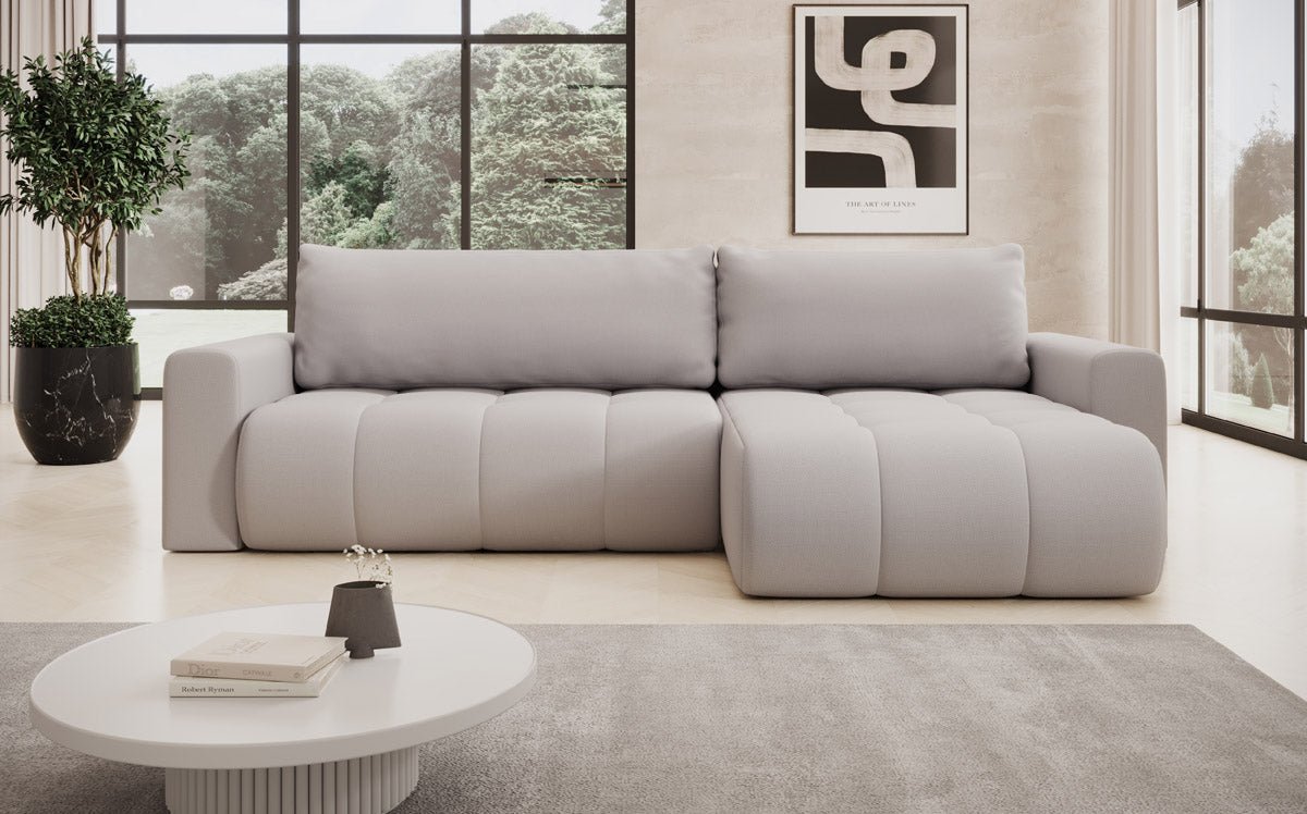 Modernes Designer Ecksofa Venezia mit Schlaffunktion, Stauraum, und Stoffbezug