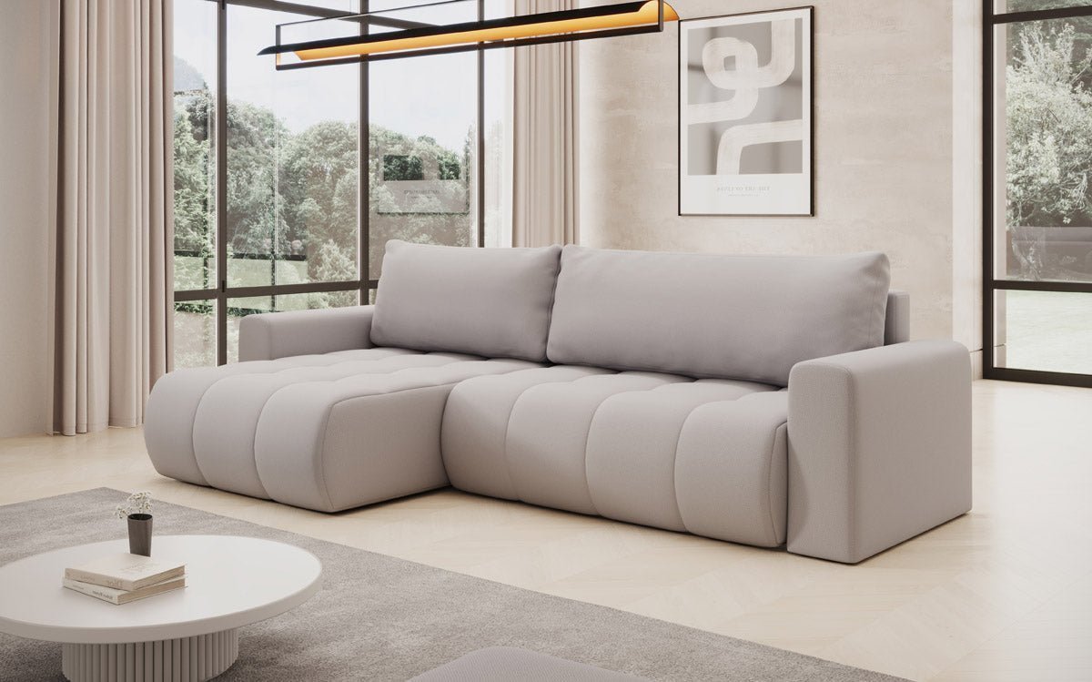 Modernes Designer Ecksofa Venezia mit Schlaffunktion, Stauraum, und Stoffbezug