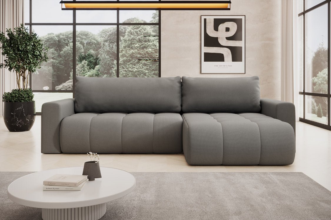 Modernes Designer Ecksofa Venezia mit Schlaffunktion, Stauraum, und Stoffbezug