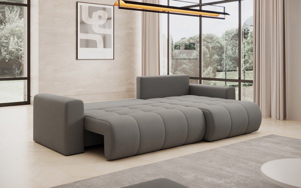 Modernes Designer Ecksofa Venezia mit Schlaffunktion, Stauraum, und Stoffbezug