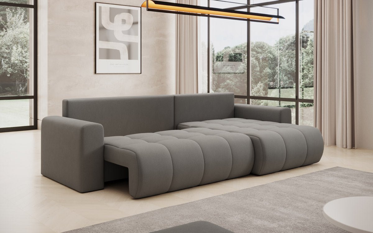 Modernes Designer Ecksofa Venezia mit Schlaffunktion, Stauraum, und Stoffbezug