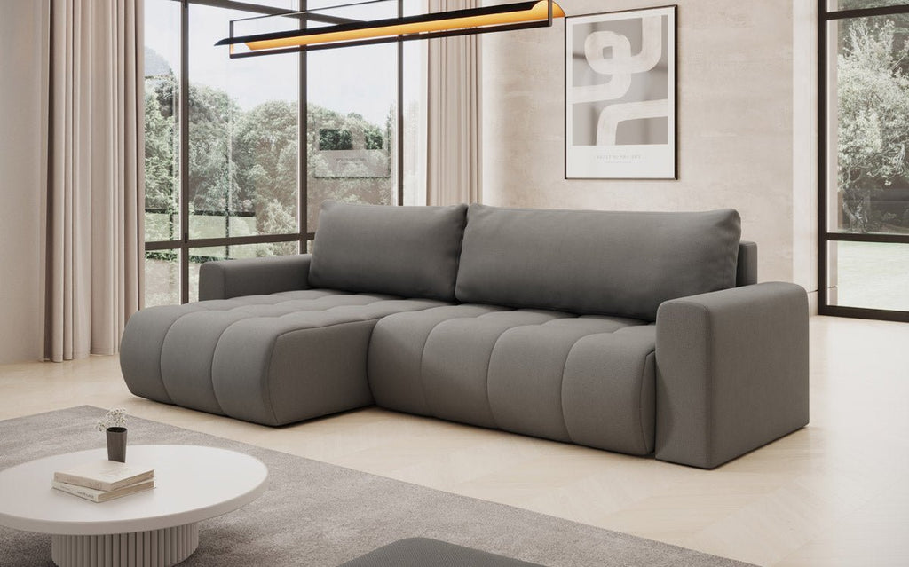 Modernes Designer Ecksofa Venezia mit Schlaffunktion, Stauraum, und Stoffbezug