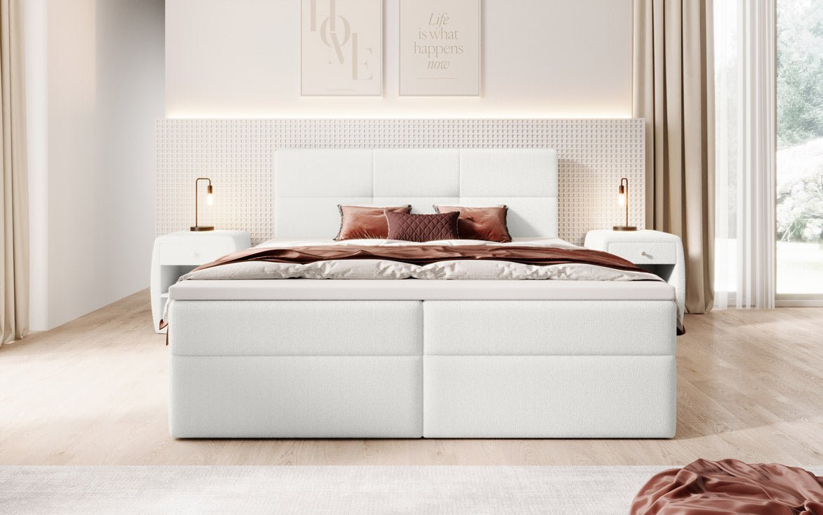 Eleonora Luxus Boxspringbett mit Bouclé-Stoff, Integriertem Stauraum & Optionalem Topper
