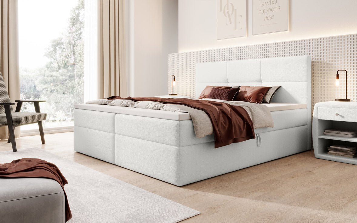 Eleonora Luxus Boxspringbett mit Bouclé-Stoff, Integriertem Stauraum & Optionalem Topper