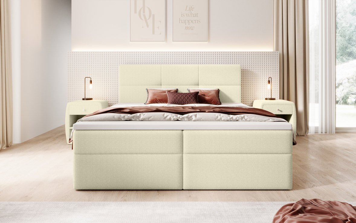 Eleonora Luxus Boxspringbett mit Bouclé-Stoff, Integriertem Stauraum & Optionalem Topper