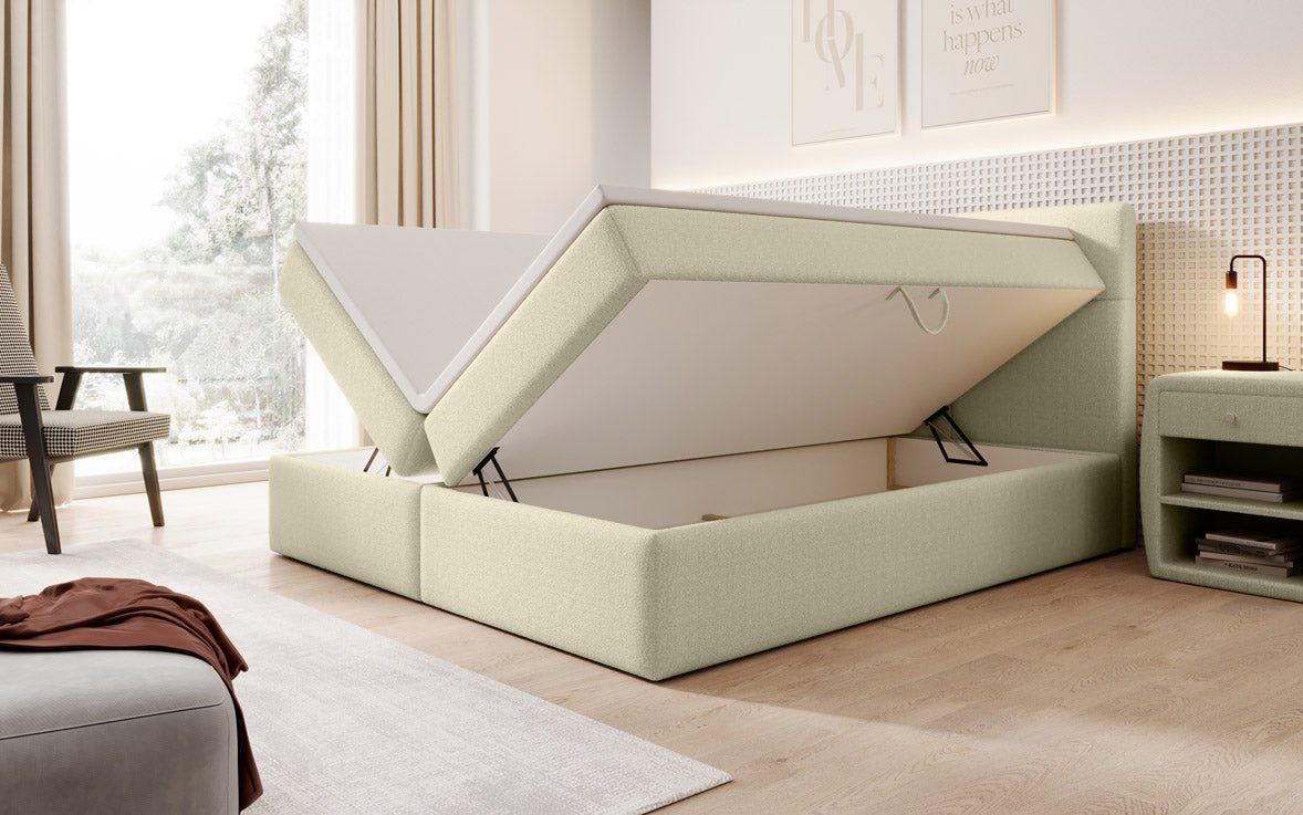 Eleonora Luxus Boxspringbett mit Bouclé-Stoff, Integriertem Stauraum & Optionalem Topper