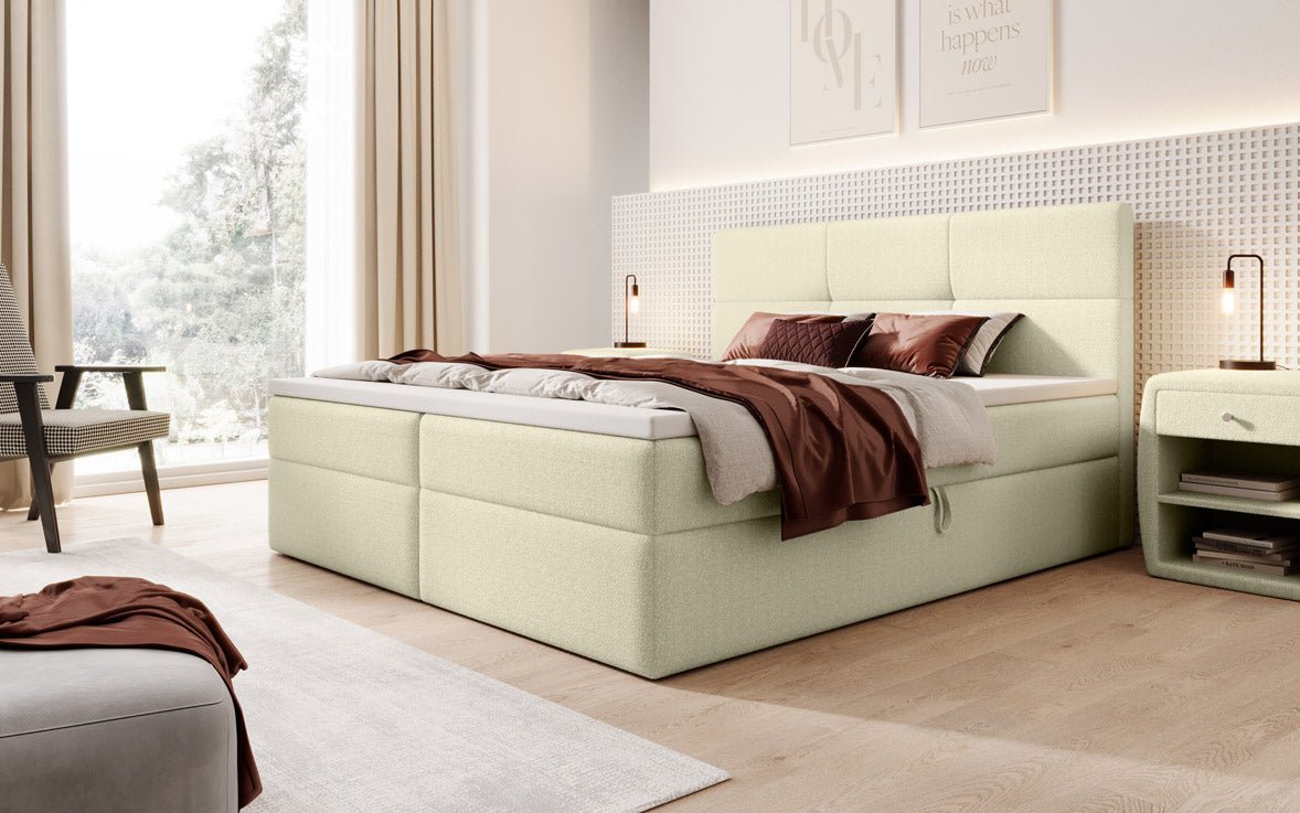 Eleonora Luxus Boxspringbett mit Bouclé-Stoff, Integriertem Stauraum & Optionalem Topper