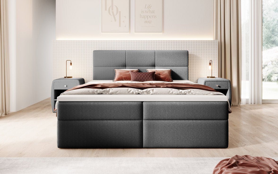 Eleonora Luxus Boxspringbett mit Bouclé-Stoff, Integriertem Stauraum & Optionalem Topper