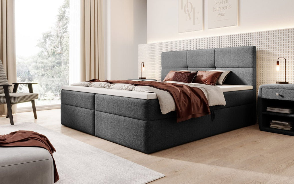 Eleonora Luxus Boxspringbett mit Bouclé-Stoff, Integriertem Stauraum & Optionalem Topper