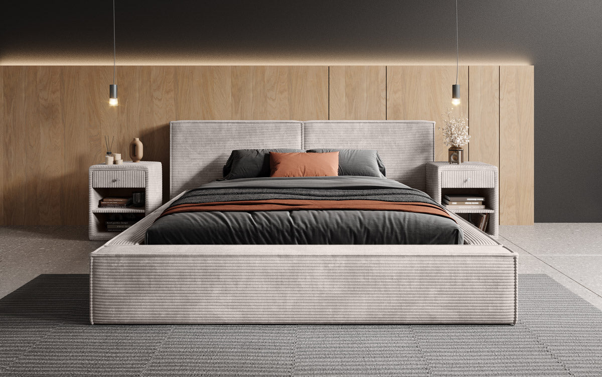 Elegantes Designer Polsterbett Ophelia: Samtiger Cord-Bezug, integrierter Stauraum, maximaler Komfort