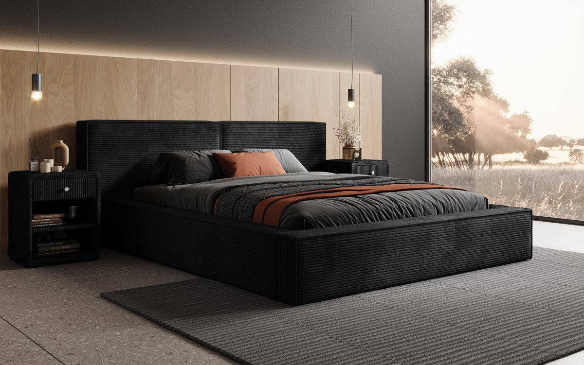 Elegantes Designer Polsterbett Ophelia: Samtiger Cord-Bezug, integrierter Stauraum, maximaler Komfort