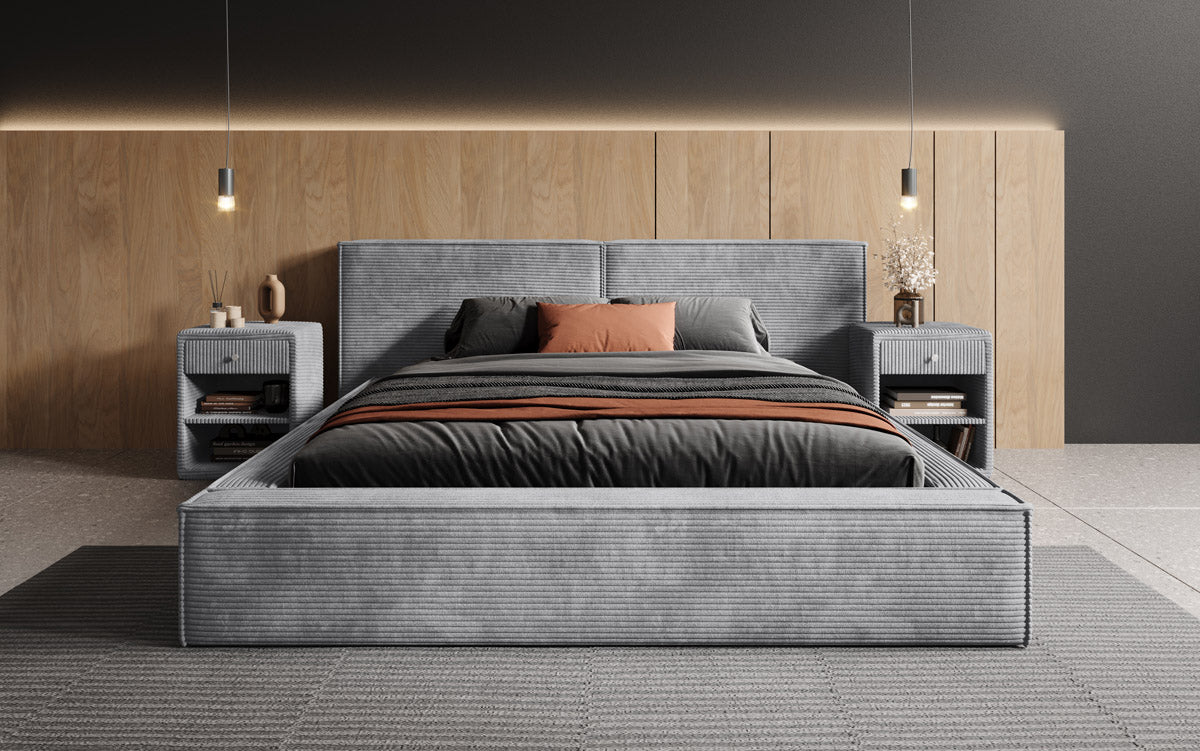 Elegantes Designer Polsterbett Ophelia: Samtiger Cord-Bezug, integrierter Stauraum, maximaler Komfort