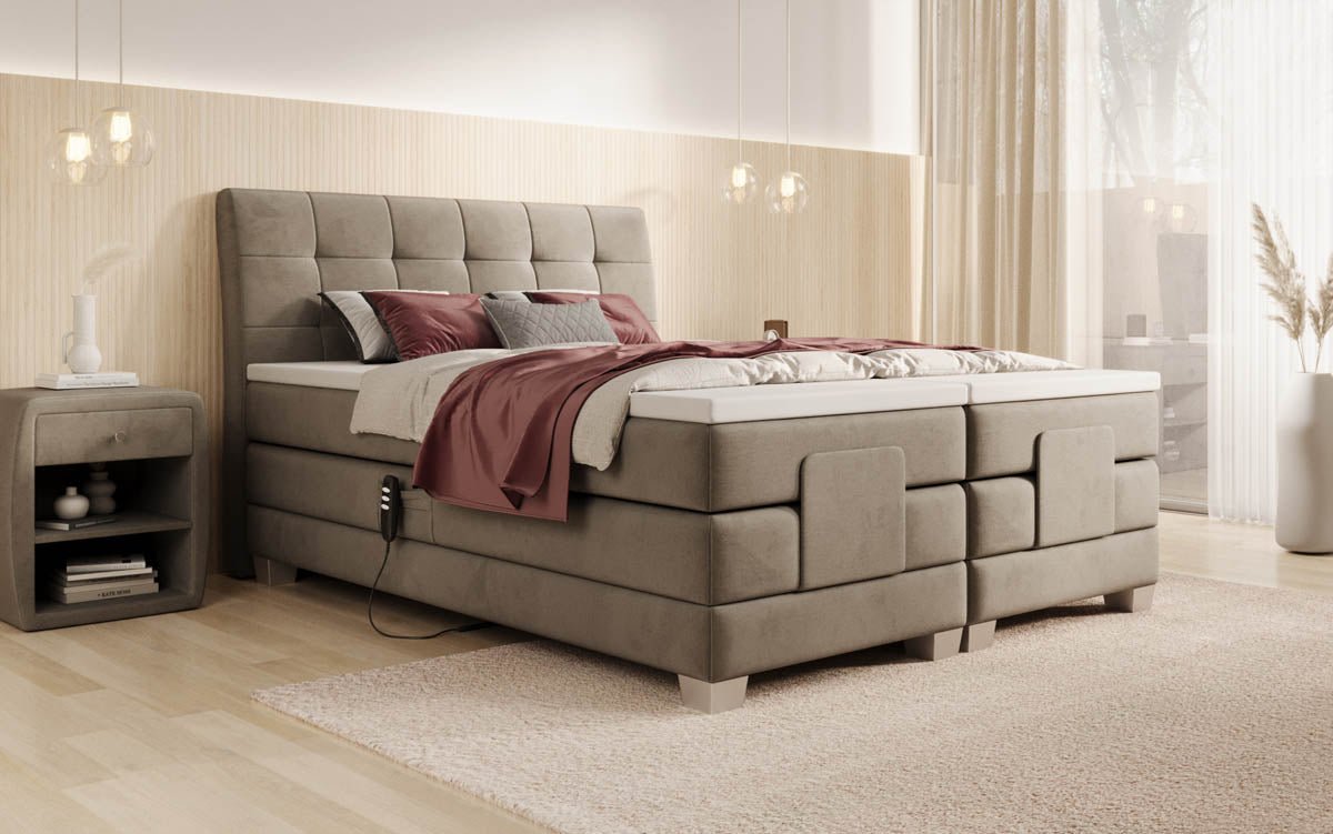 Amara Samt Boxspringbett: Elektrisch Verstellbar, Integrierte LED-Beleuchtung für Luxuriösen Schlaf