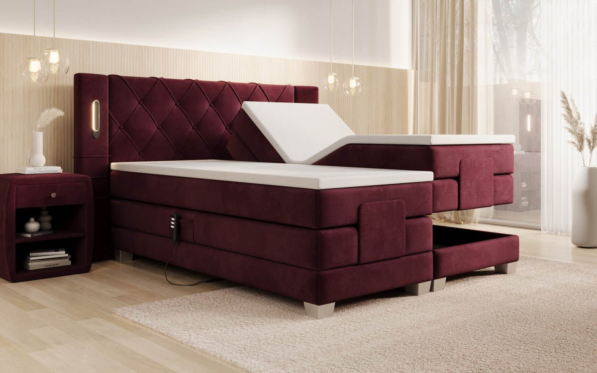 Elektrisch verstellbares Luxus Boxspringbett Livano Samt mit integrierter LED-Beleuchtung