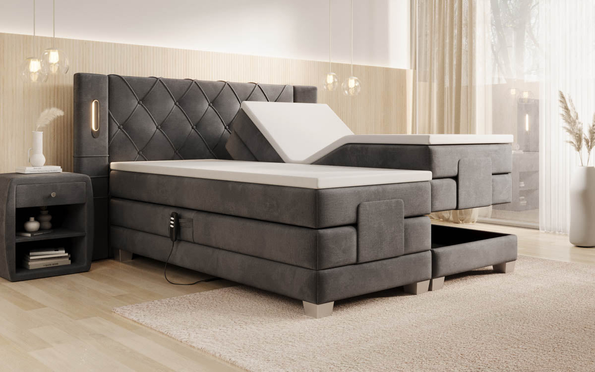 Elektrisch verstellbares Luxus Boxspringbett Livano Samt mit integrierter LED-Beleuchtung