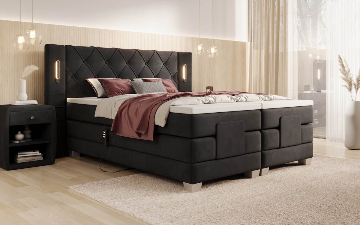 Elektrisch verstellbares Luxus Boxspringbett Livano Samt mit integrierter LED-Beleuchtung