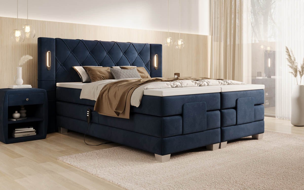 Elektrisch verstellbares Luxus Boxspringbett Livano Samt mit integrierter LED-Beleuchtung