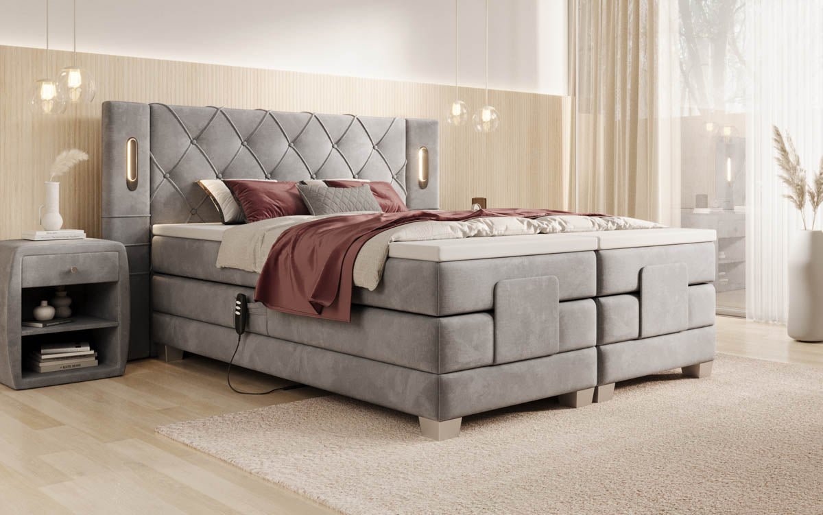 Elektrisch verstellbares Luxus Boxspringbett Livano Samt mit integrierter LED-Beleuchtung