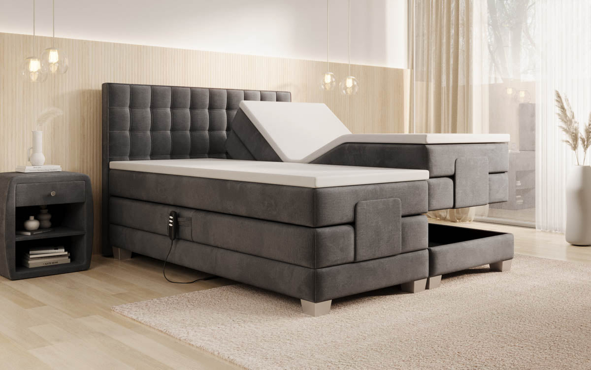 Luxuriöses Boxspringbett Sorella, elektrisch verstellbar, Samtbezug, für erholsamen Schlaf