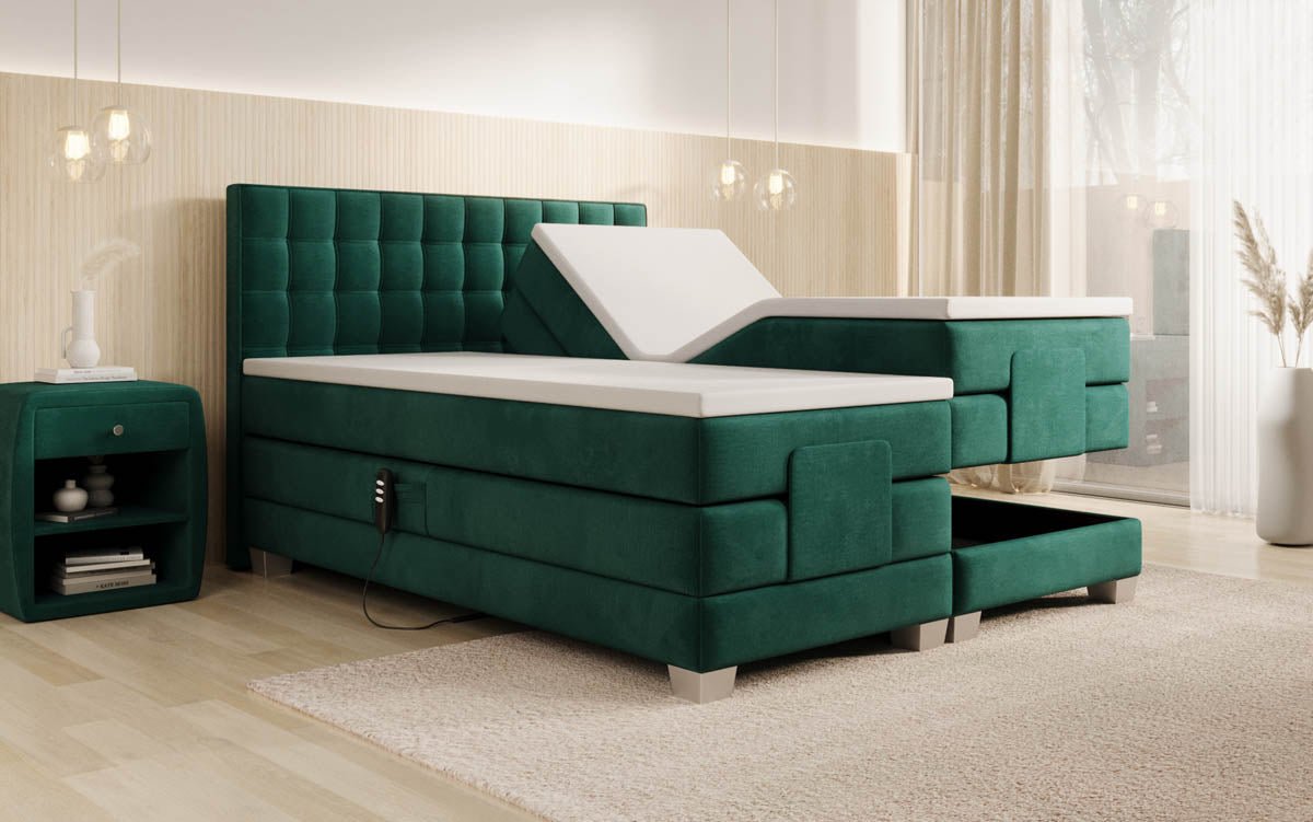 Luxuriöses Boxspringbett Sorella, elektrisch verstellbar, Samtbezug, für erholsamen Schlaf