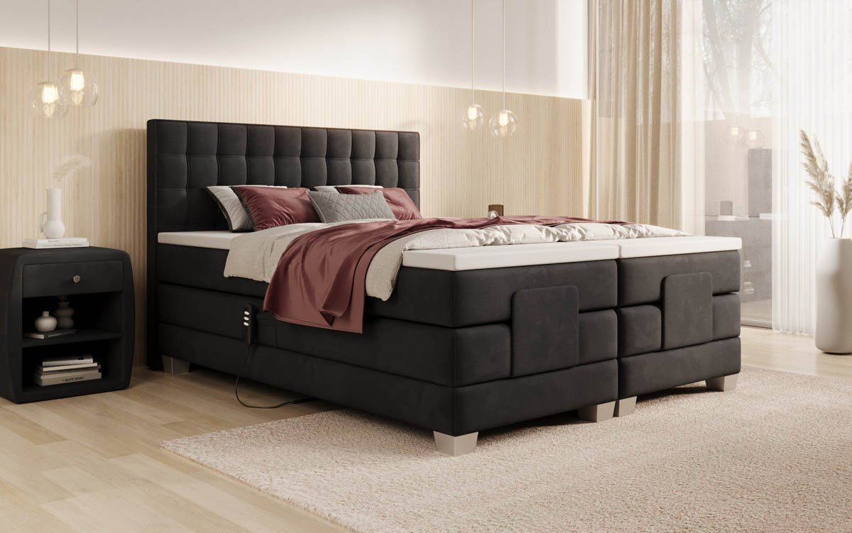 Luxuriöses Boxspringbett Sorella, elektrisch verstellbar, Samtbezug, für erholsamen Schlaf
