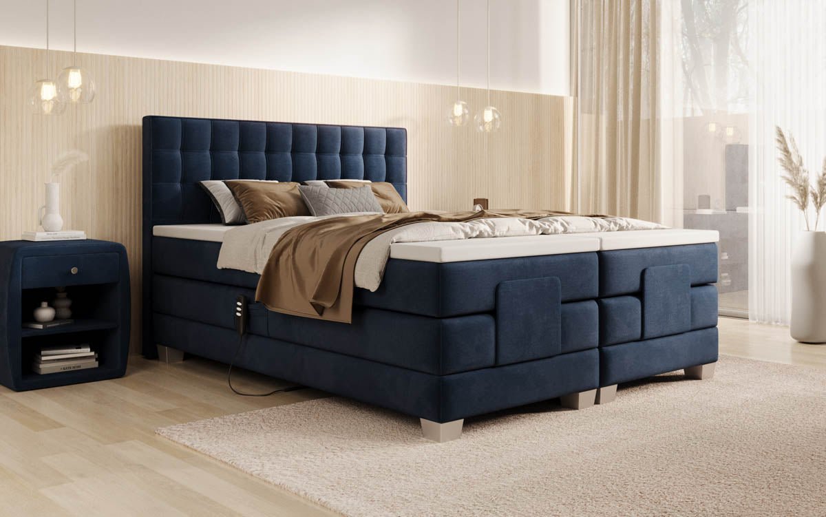Luxuriöses Boxspringbett Sorella, elektrisch verstellbar, Samtbezug, für erholsamen Schlaf