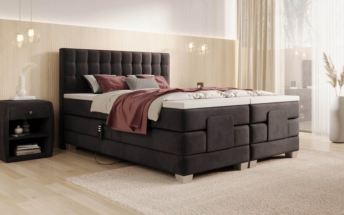Luxuriöses Boxspringbett Sorella, elektrisch verstellbar, Samtbezug, für erholsamen Schlaf