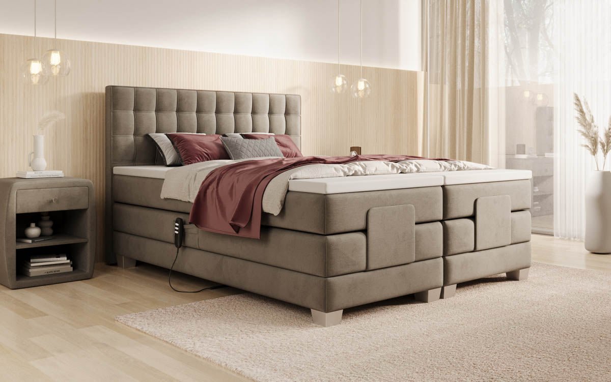 Sorella Luxus Boxspringbett Samt, Elektrisch Verstellbar, Integrierte LED Beleuchtung, Hochwertige Matratze, Mehrfarbig