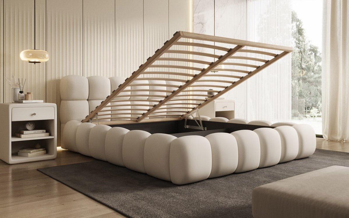 Designer Polsterbett Boston Stoff - Luxuriöses Komfortbett mit Großem Stauraum