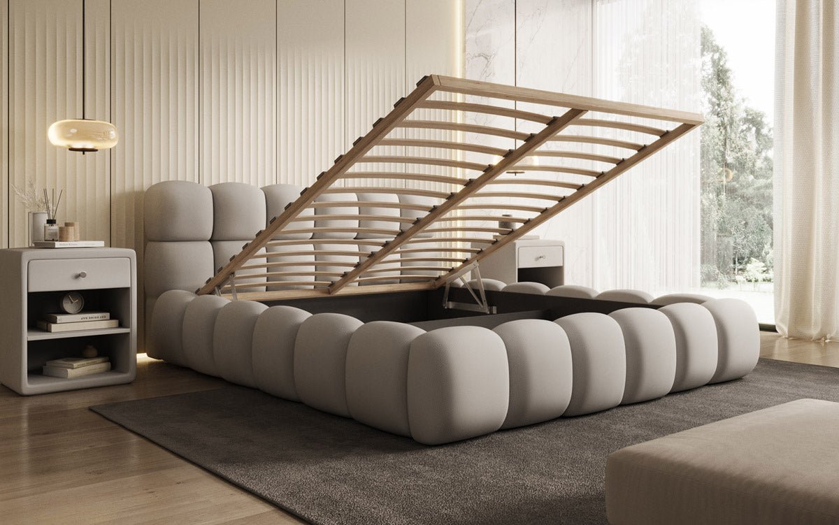 Luxuriöses Designer Polsterbett Boston mit Stoffbezug und integriertem Stauraum