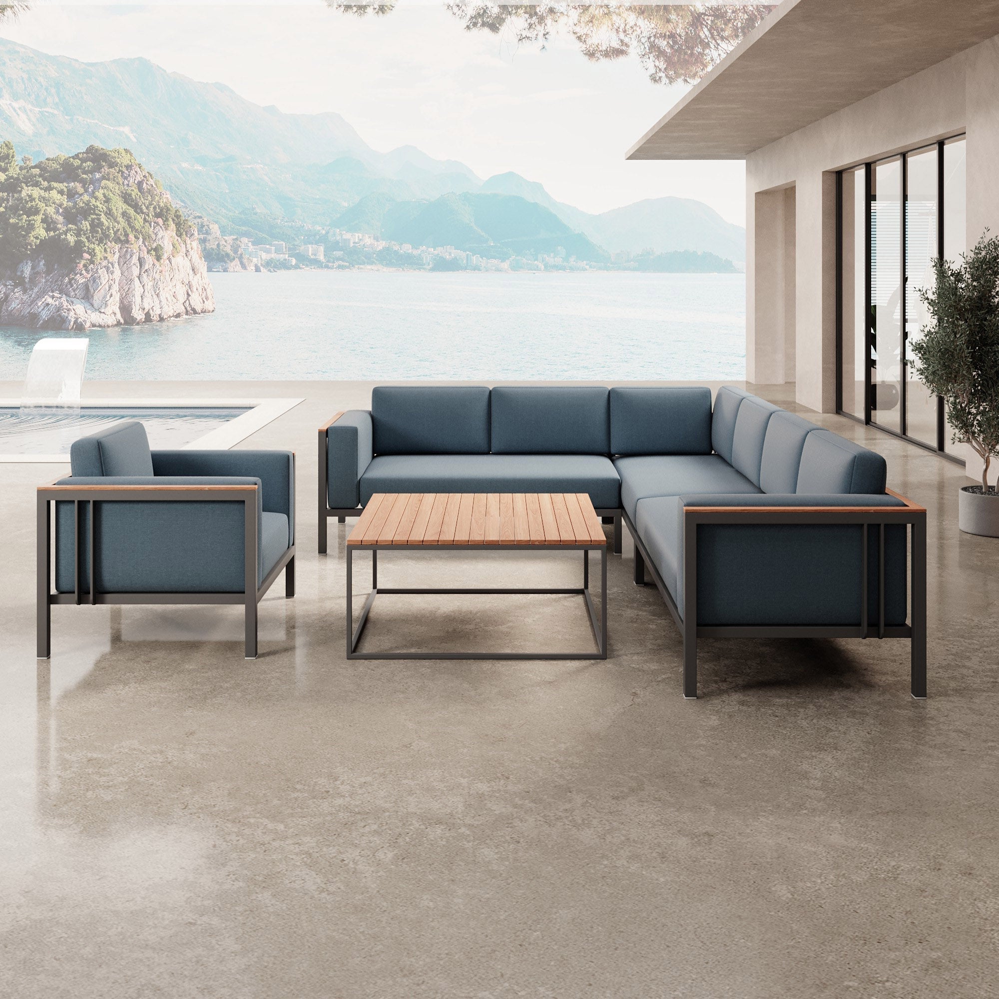 Luxuriöse Euphoria Ecklounge: Elegantes Aluminium Gartenmöbel-Set mit Sunbrella Polstern, wetterfest, modern.