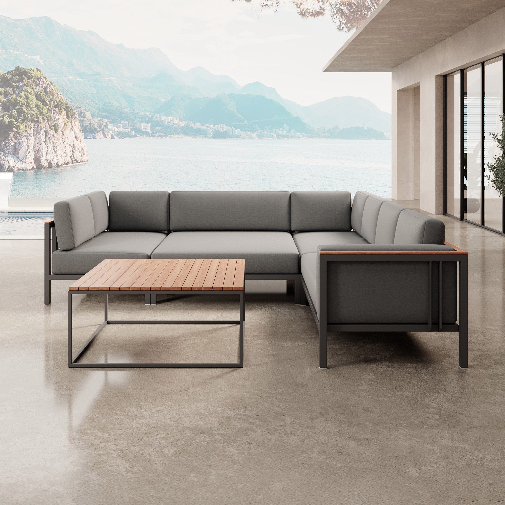 Luxuriöse Garten-Ecklounge mit Tisch: Wetterfestes Aluminium, Sunbrella-Stoff, Aevora Kollektion