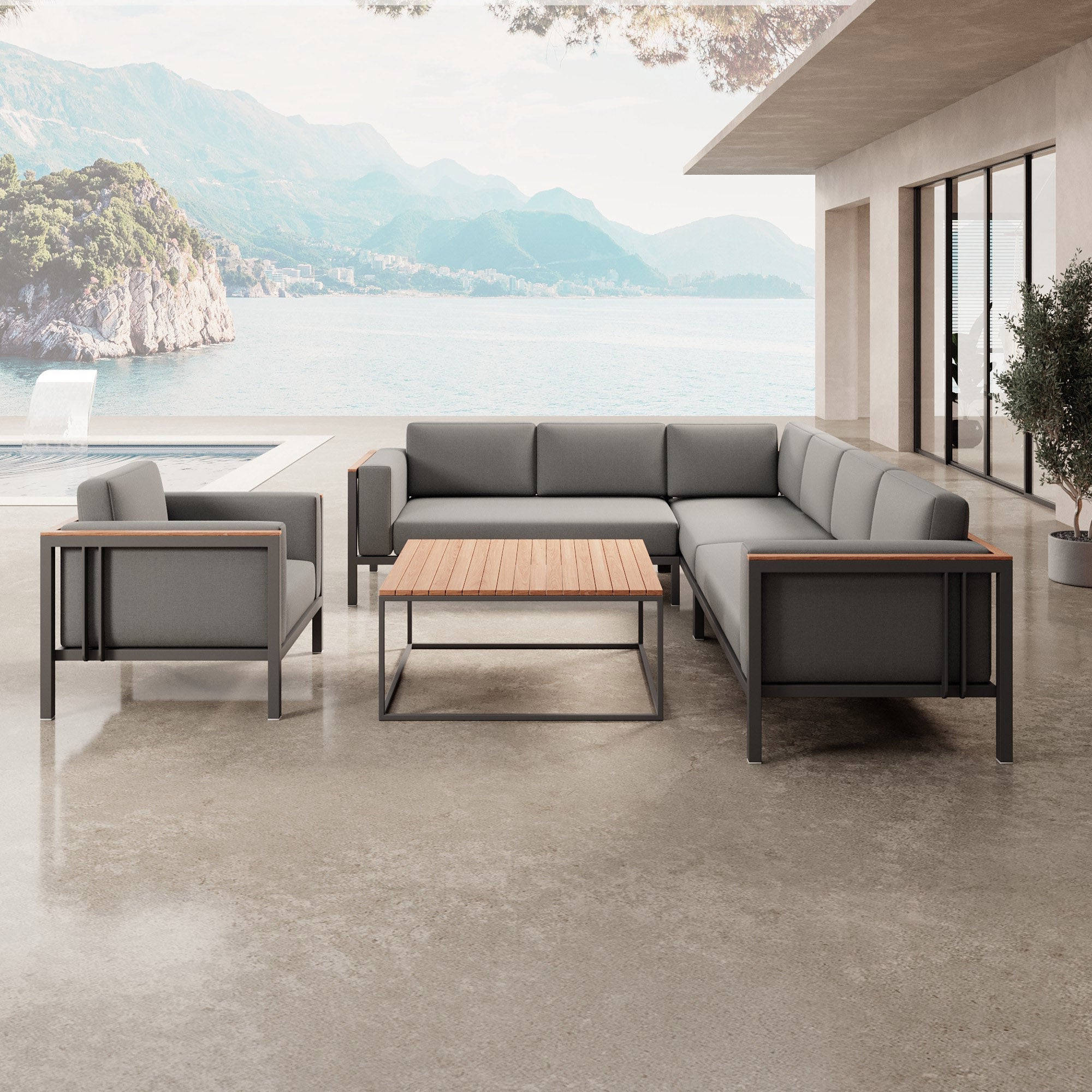 Luxuriöse Euphoria Ecklounge: Elegantes Aluminium Gartenmöbel-Set mit Sunbrella Polstern, wetterfest, modern.
