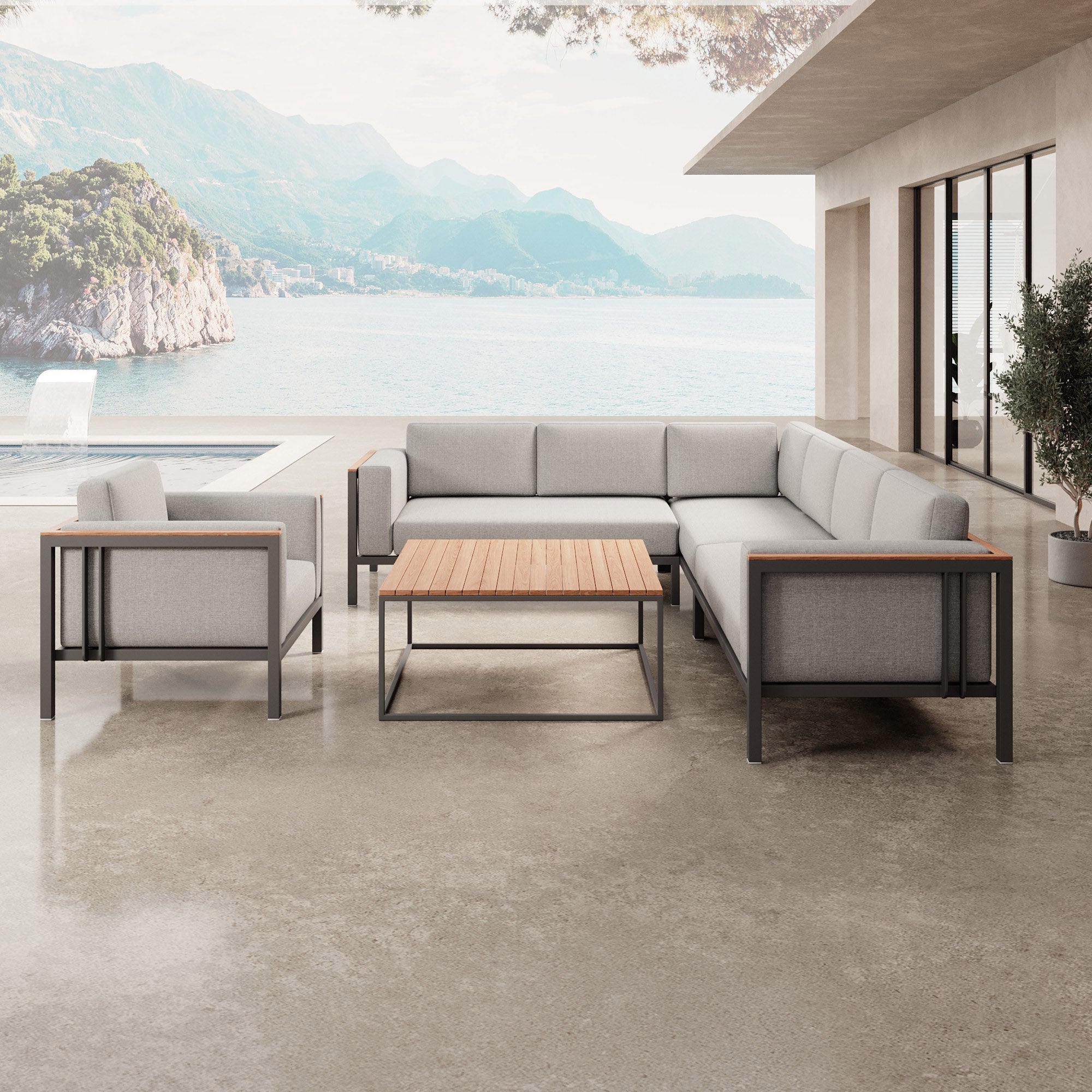 Luxuriöse Euphoria Ecklounge: Elegantes Aluminium Gartenmöbel-Set mit Sunbrella Polstern, wetterfest, modern.