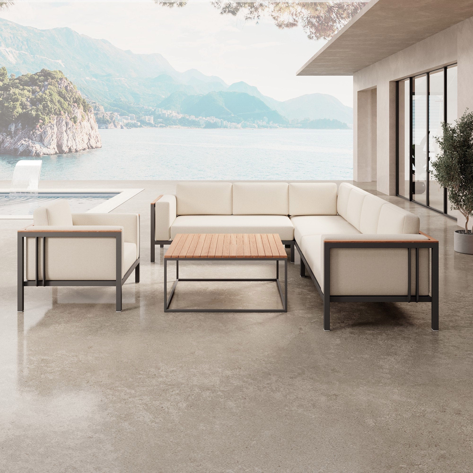 Luxuriöse Euphoria Ecklounge: Elegantes Aluminium Gartenmöbel-Set mit Sunbrella Polstern, wetterfest, modern.