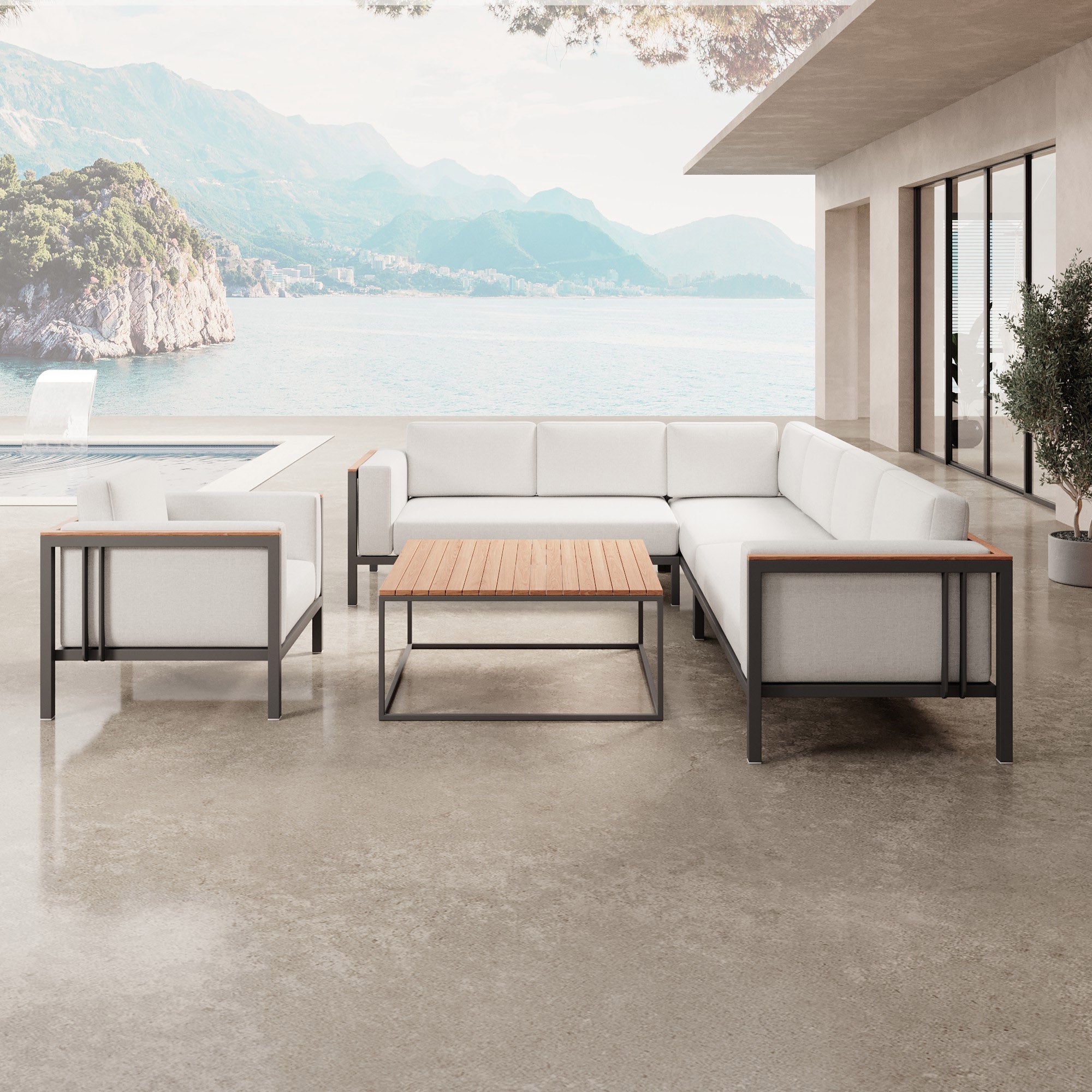 Luxuriöse Euphoria Ecklounge: Elegantes Aluminium Gartenmöbel-Set mit Sunbrella Polstern, wetterfest, modern.