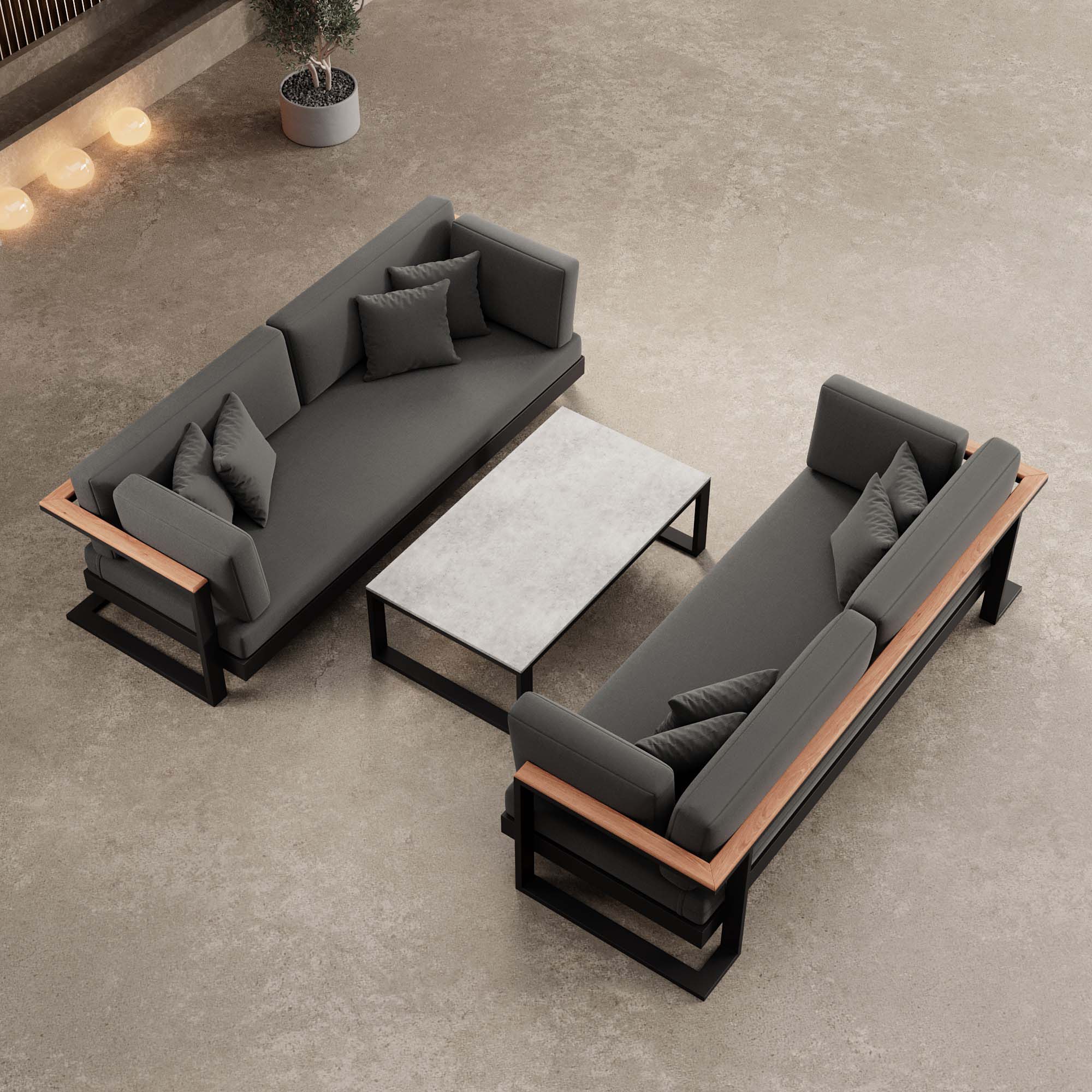 Vayla Modernes Outdoor Lounge Set: 2 Aluminium Zweisitzer, Tisch – Sunbrella Stoff Bezüge