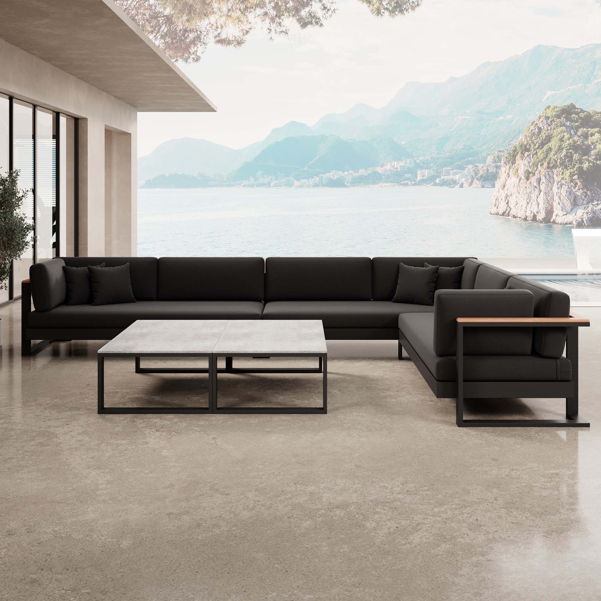 Luxuriöse Vayla Sunbrella Outdoor-Wohnlandschaft mit Doppeltisch und Ecksofa – Premium Aluminium Gartenlounge