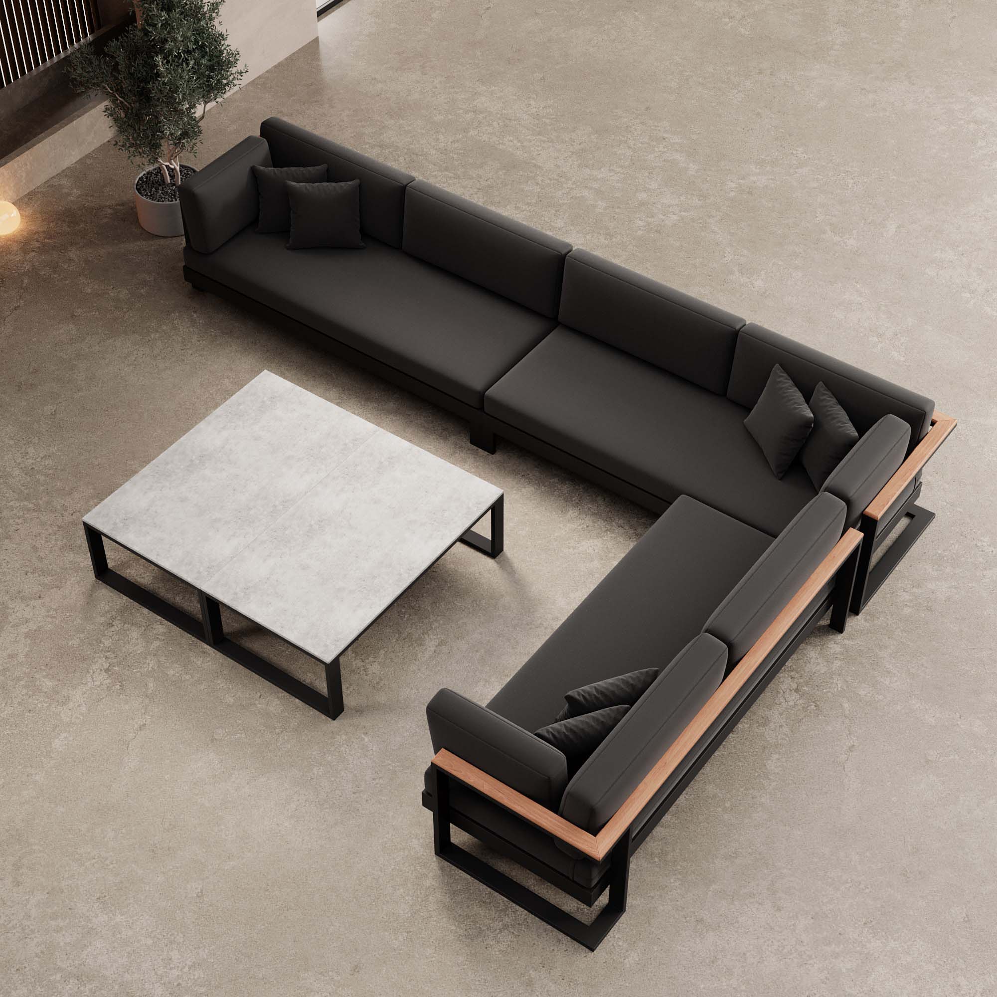 Luxuriöse Vayla Sunbrella Outdoor-Wohnlandschaft mit Doppeltisch und Ecksofa – Premium Aluminium Gartenlounge