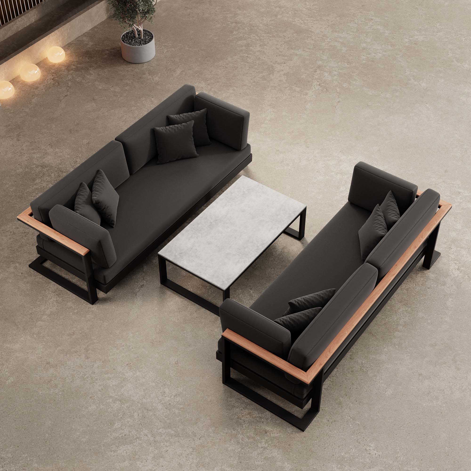 Vayla Modernes Outdoor Lounge Set: 2 Aluminium Zweisitzer, Tisch – Sunbrella Stoff Bezüge