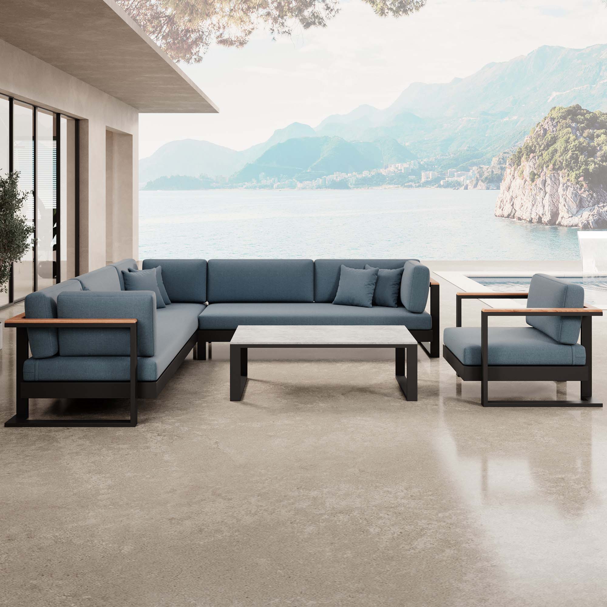 Vayla Luxus Garten Loungegruppe: Ecksofa, Sessel, Tisch – Robustes Aluminium Outdoor-Set