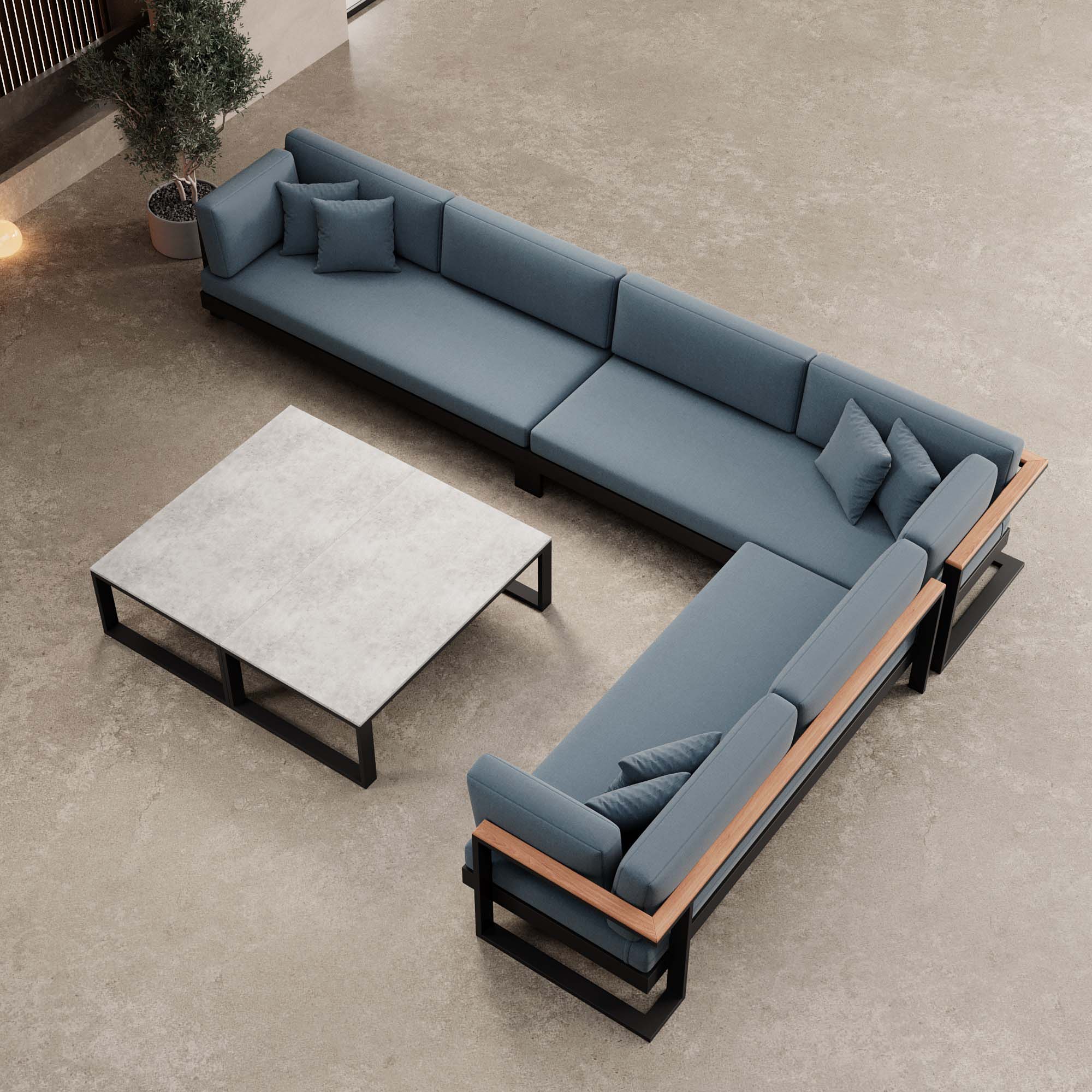 Luxuriöse Vayla Sunbrella Outdoor-Wohnlandschaft mit Doppeltisch und Ecksofa – Premium Aluminium Gartenlounge