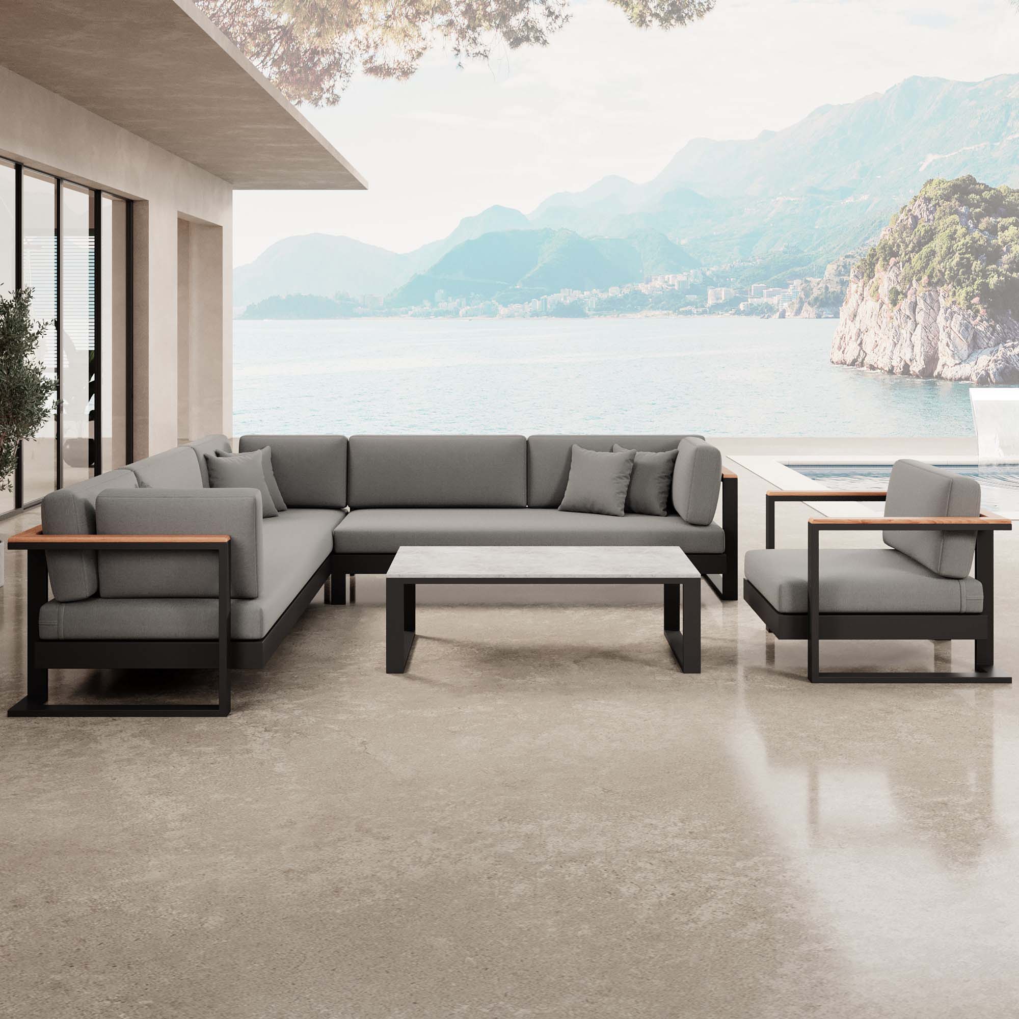 Vayla Luxus Garten Loungegruppe: Ecksofa, Sessel, Tisch – Robustes Aluminium Outdoor-Set