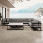 Lade das Bild in den Galerie-Viewer, Luxuriöse Vayla Sunbrella Outdoor-Wohnlandschaft mit Doppeltisch und Ecksofa – Premium Aluminium Gartenlounge
