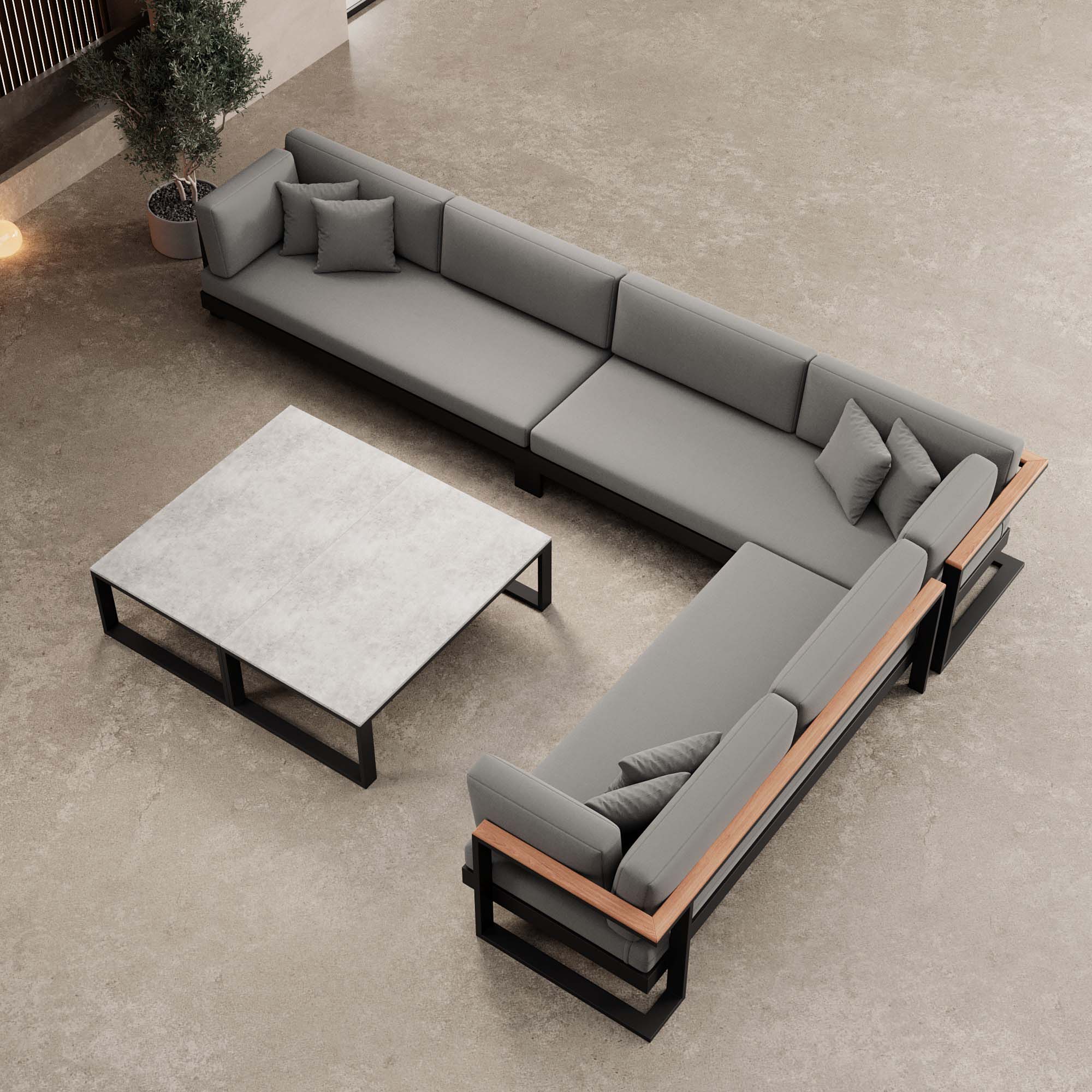 Luxuriöse Vayla Sunbrella Outdoor-Wohnlandschaft mit Doppeltisch und Ecksofa – Premium Aluminium Gartenlounge