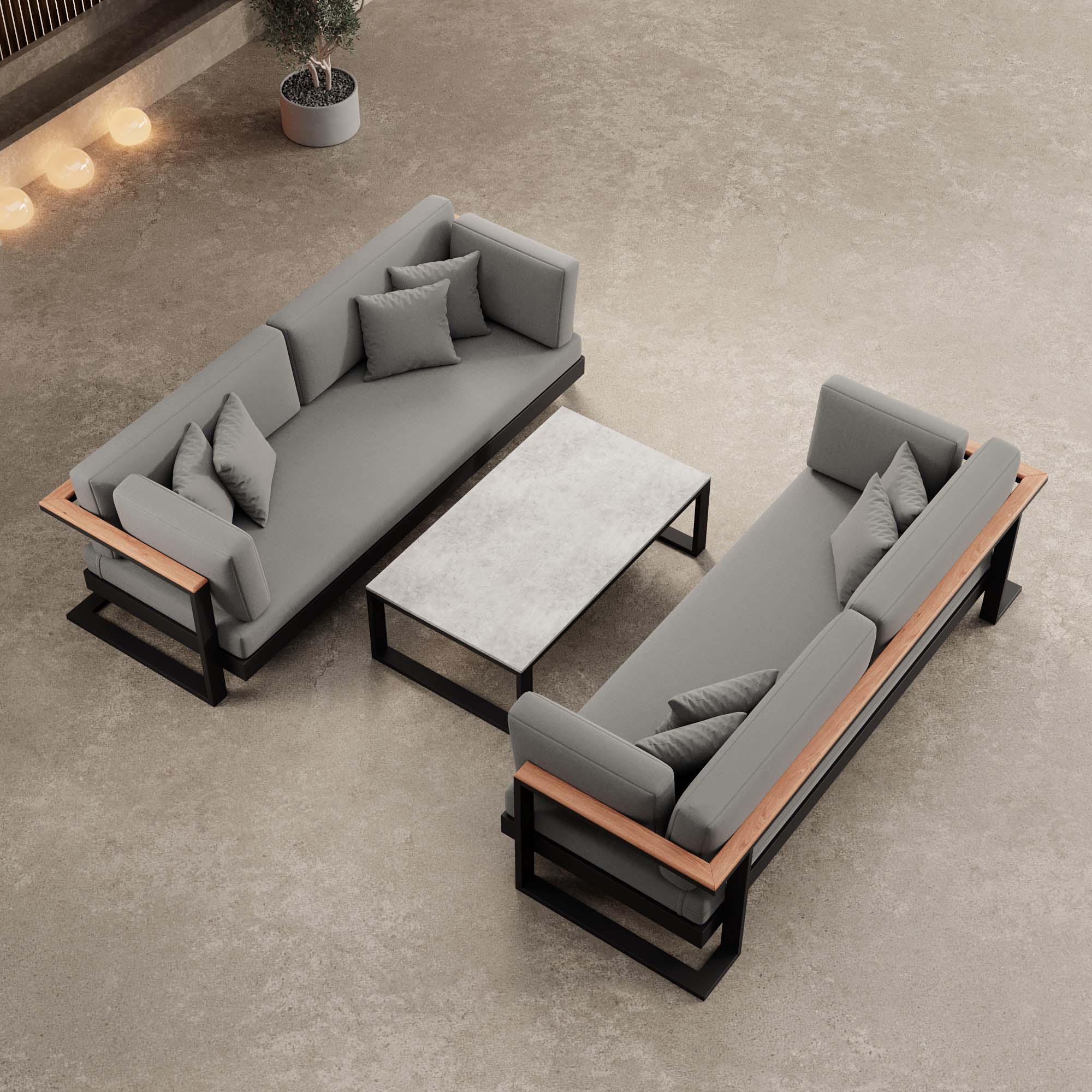 Vayla Modernes Outdoor Lounge Set: 2 Aluminium Zweisitzer, Tisch – Sunbrella Stoff Bezüge