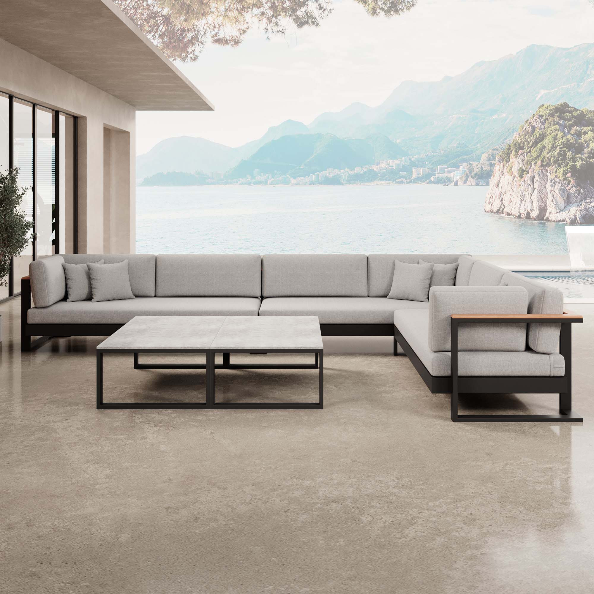 Luxuriöse Vayla Sunbrella Outdoor-Wohnlandschaft mit Doppeltisch und Ecksofa – Premium Aluminium Gartenlounge