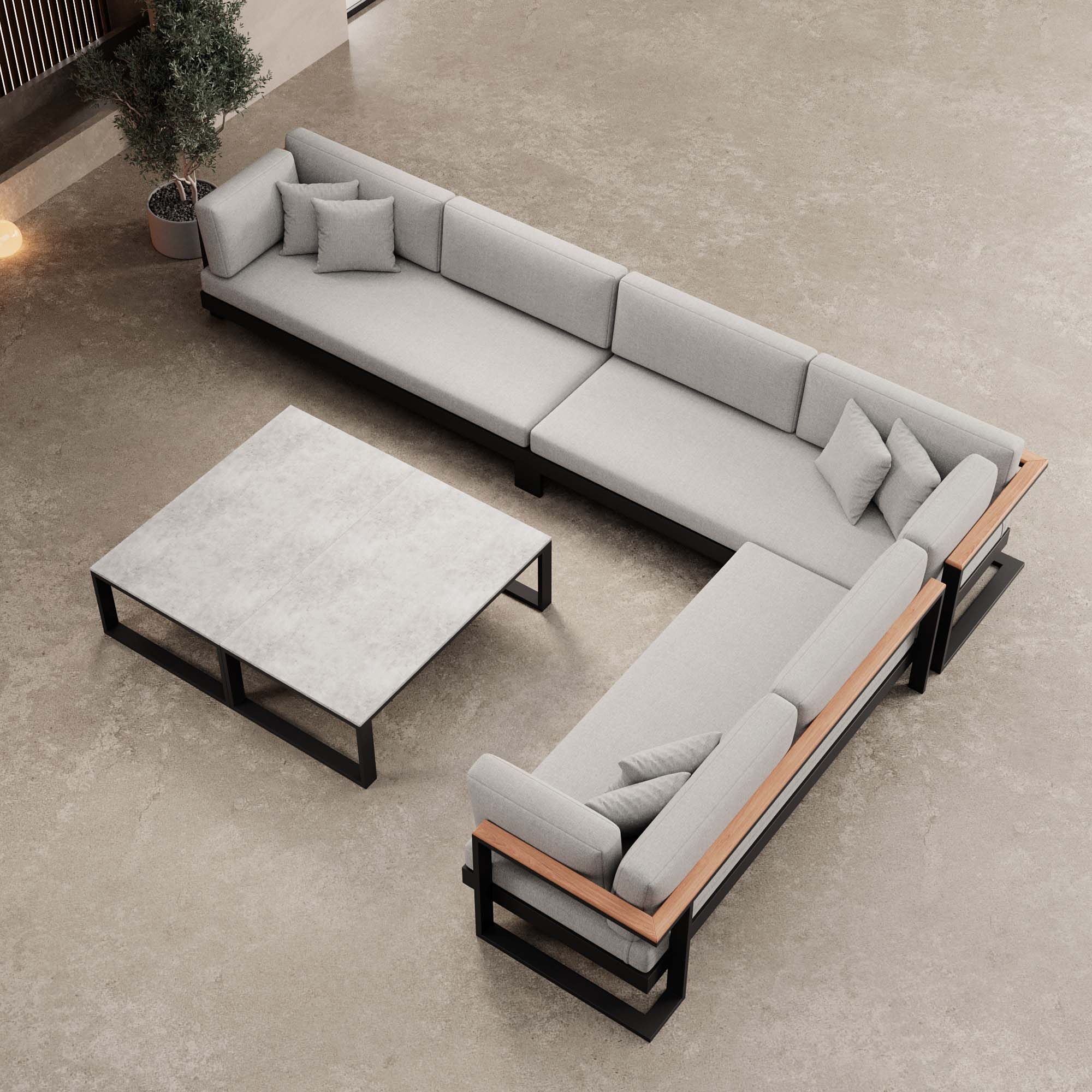 Luxuriöse Vayla Sunbrella Outdoor-Wohnlandschaft mit Doppeltisch und Ecksofa – Premium Aluminium Gartenlounge