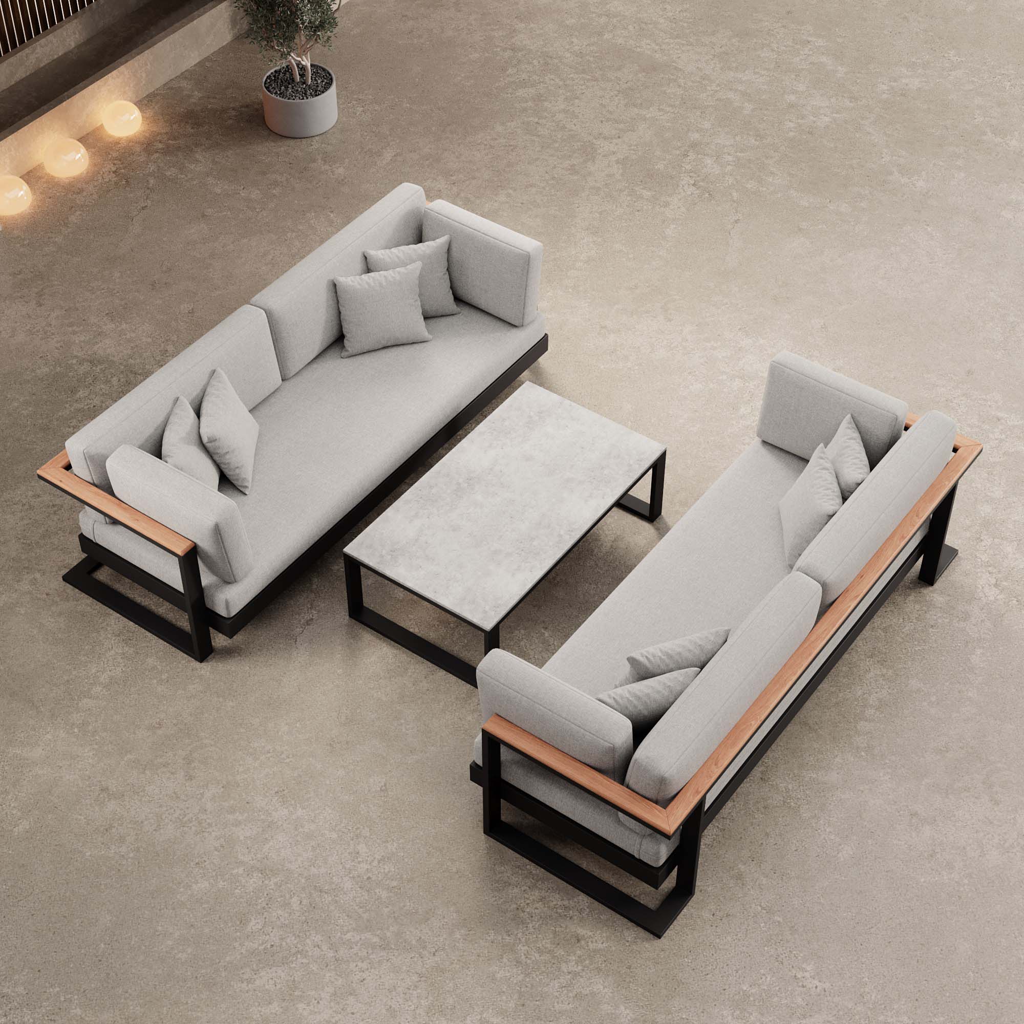 Vayla Modernes Outdoor Lounge Set: 2 Aluminium Zweisitzer, Tisch – Sunbrella Stoff Bezüge