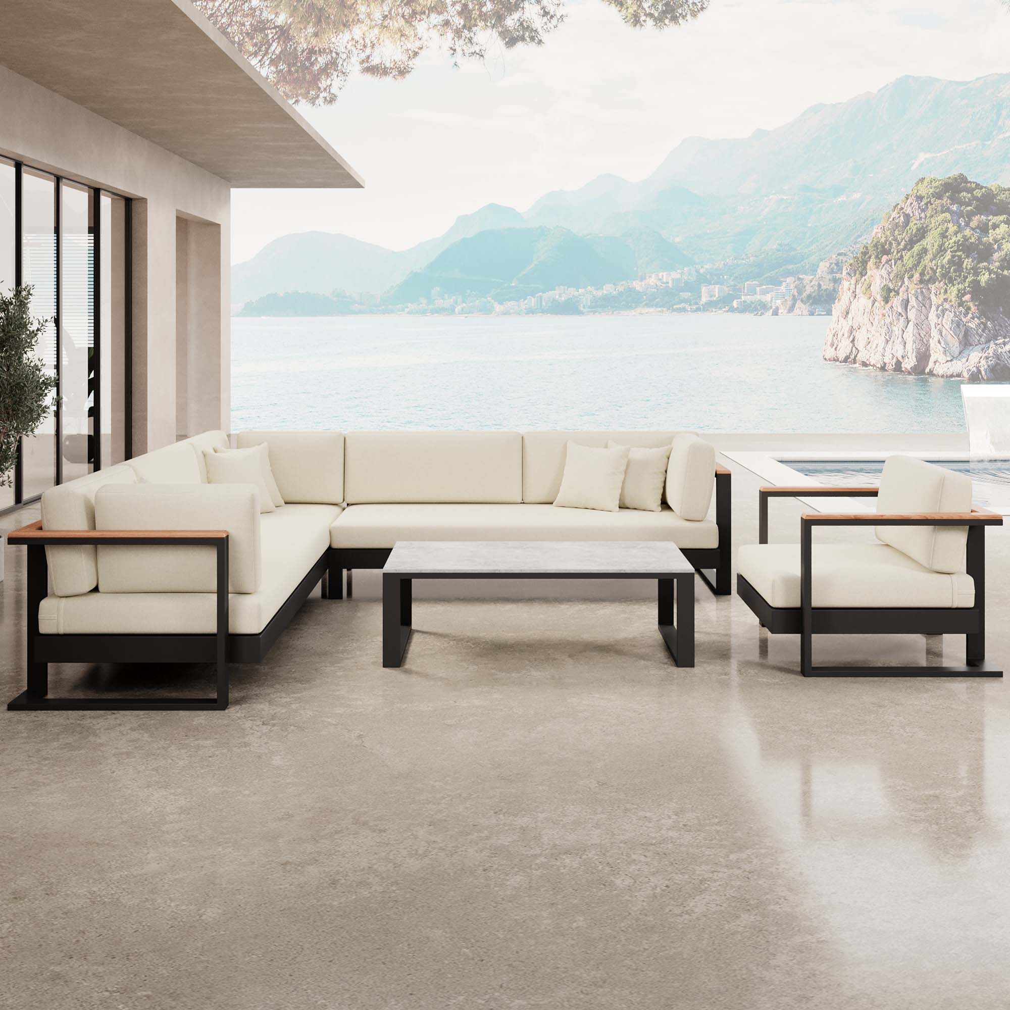 Vayla Luxus Garten Loungegruppe: Ecksofa, Sessel, Tisch – Robustes Aluminium Outdoor-Set